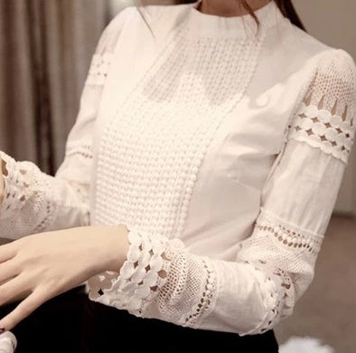 Large size long sleeve white bottoming shirt Slim cotton hook flower hollow lace shirt shirt