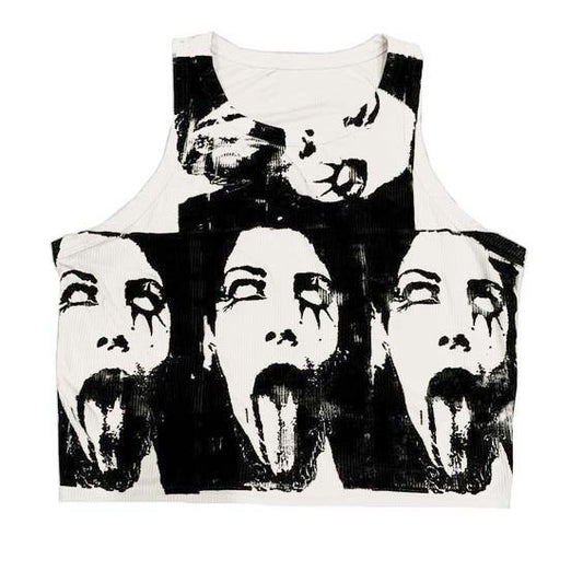 Dark Sleeveless Round Neck Pattern Printed Bare Midriff Slim Fit Women's Vest