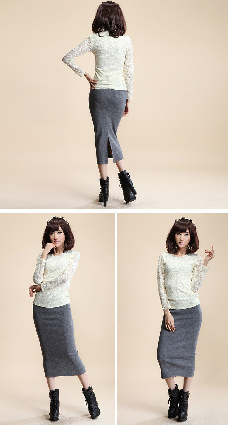 Mid-waist Rib Knitted Sheath Split Skirt